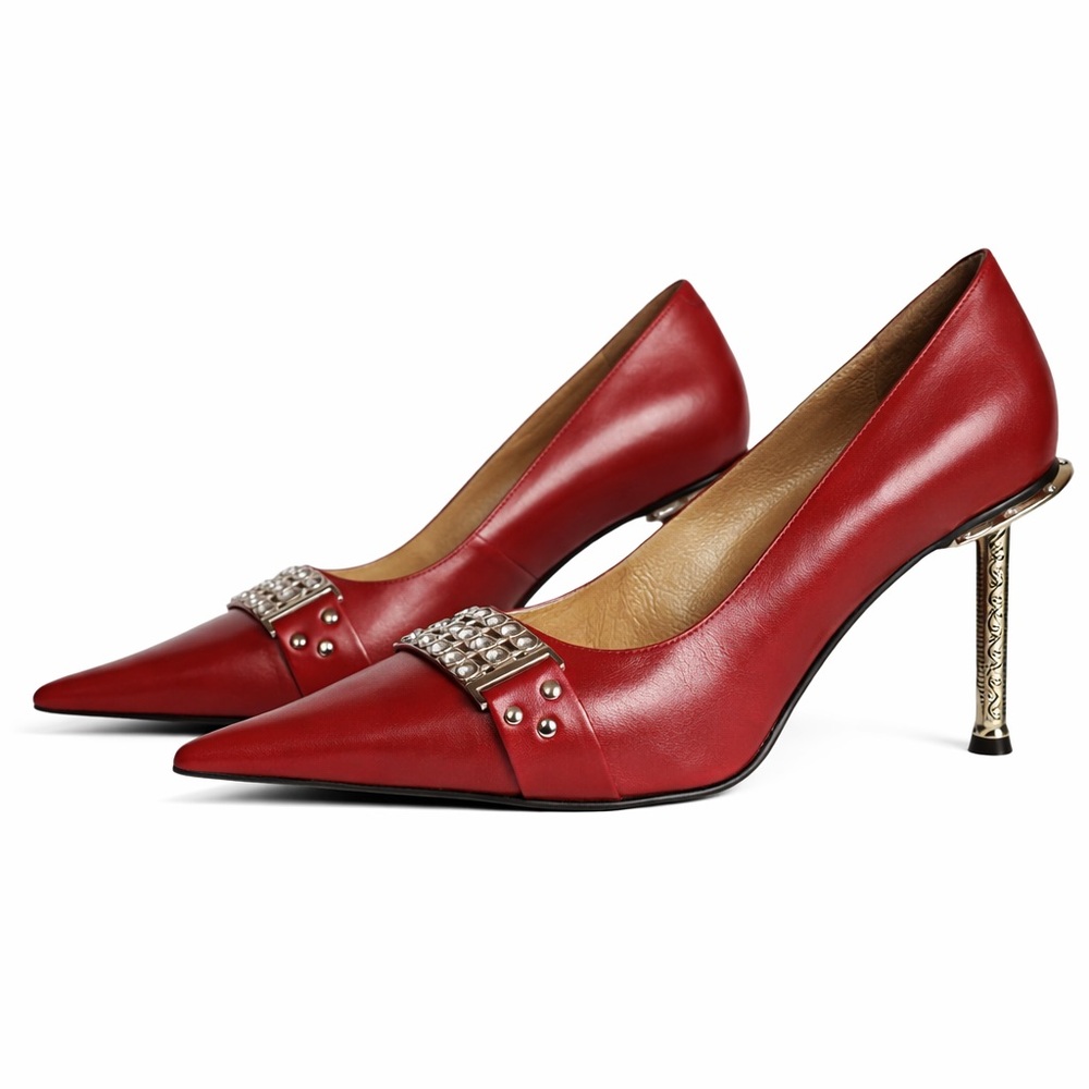 Red Leather Stiletto Heels w/ Sculpted Silver Heel & Crystal Buckle | EU 38